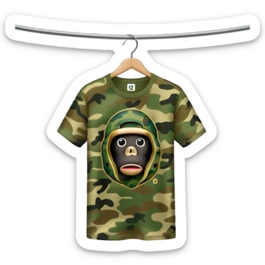 high quality emoji of a BAPE T-shirt on a hanger displaying classic green camouflage and BAPE ape head emblem, polished modern look sticker