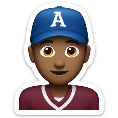 A man in wearing a maroon and blue  jersey. He has a maroon and blue coloured sport cap on his head and a slight smile on his face.only front side. sticker