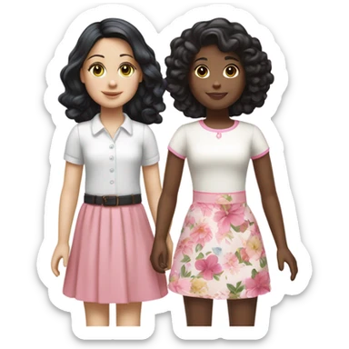  one  girl with short straight black hair and pale skin with white shirt and pink skirt on, one American girl with long curly dirty blond hair and a floral dress on.  Both are friends sticker