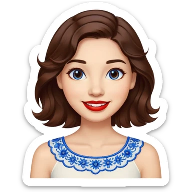 Cheerful woman with clear skin, round face, wide friendly smile, big light brown eyes, vibrant red lipstick, shoulder-length wavy dark brown hair, white top with blue embroidery and electric blue neckline sticker