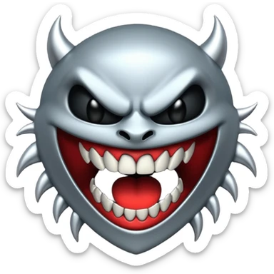 Stylized emoji icon of metallic teeth with sharp fangs, chrome texture, dark shadows, aggressive look sticker