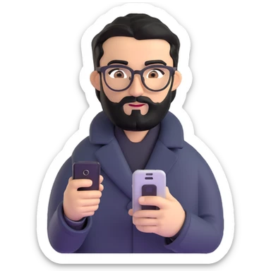 refined professional man standing, wearing black coat, with medium black beard, black hair neatly combed to one side, connected unibrow, olive tan skin, brown eyes, glasses, prominent nose, clearly holding a smartphone in hand sticker