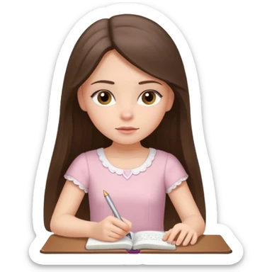 white brunette girl long hair with hazel eyes in a light pink dress writing in a notebook sticker