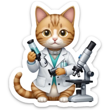 cat full body sitting with a microscope and scientist outfit sticker