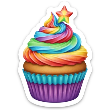 cupcake with rainbow frosting and a star-shaped candy sticker