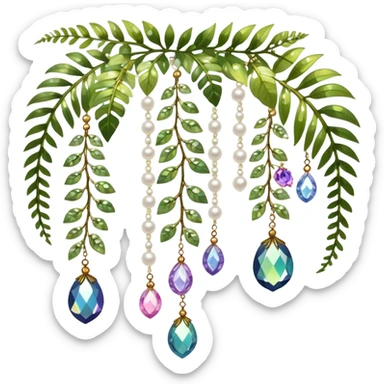 Few cute tiny Iridescent glistening glossy sparkly shiny glittery hanging crystals pearls and beads and gemstones scenery scenic decorations with vines and ferns and flowers sticker