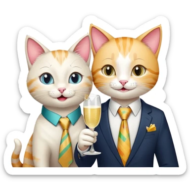happy girl cat with eyelashes wearing a colorful necktie and happy boy cat wearing a professional necktie clinking champagne glasses together in celebration, both with cheerful expressions sticker