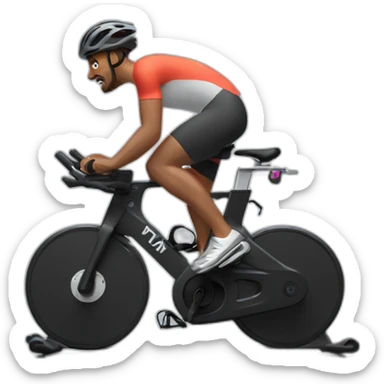 Man on Peloton stationary bike with screen. No helmet sticker