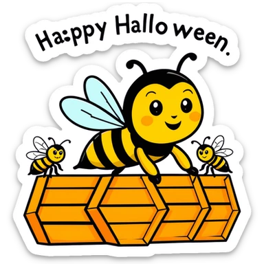 A hive of bees, saying happy Halloween with the queen bee there sticker