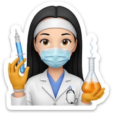 laboratorista con guantes  y mascarilla e insumos laboratorio  jeringa tubos  pelo negro largo triguella sticker