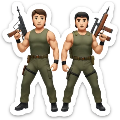 Icon for Action Movies: Arnold Schwarzenegger as John Matrix in Commando and Sylvester Stallone as John Rambo in Rambo, both in iconic action poses with weapons, intense expressions, and explosive backgrounds. Powerful and dynamic with dramatic lighting. Transparent background. sticker