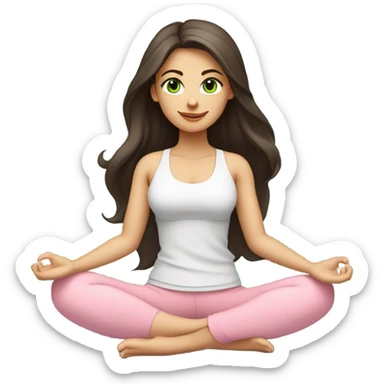 Dark brown long hair and green eyes yoga beautiful girl in light pink pink pink clothes sitting on a yoga mat sticker