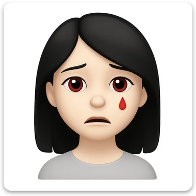 Make the character look like the official Apple emoji style. Replace the lots of blood with a single small red tear. Keep her pale skin, black straight hair, and a subtle sad expression. The style should mimic the Apple emoji style closely. sticker