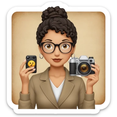 48 year old woman photographer with dark curly hair in a bun sticker