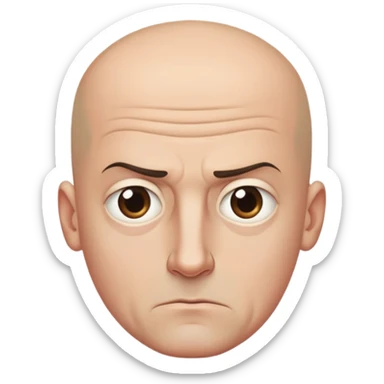 Steven Miller, bald, scowling expression, narrow rectangular head, bottom lip sticking out, eyelids almost closed and lower on the outside sticker