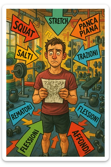 a person stands in the center of a gym, surrounded by arrows pointing in all directions, each labeled with a different exercise (e.g., “squat,” “Salti,” “stretch,” “Panca Piana”). The person looks bewildered, holding a workout plan with scribbles and question marks. The scene is colorful but visually messy, symbolizing confusion. in italiano immagine iperrealistica sticker