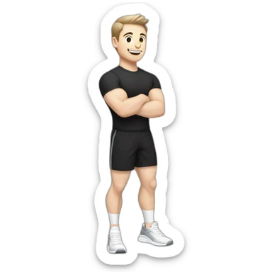Joyful Celebrating victory Pale skinned Fit Man With the biceps and dark brown hair in black shirt, gray sports shorts and white Sneakers sticker