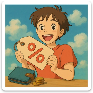 happy anime character holding a price tag with discount symbols, coins and wallet nearby, cheerful colors, Studio Ghibli style sticker