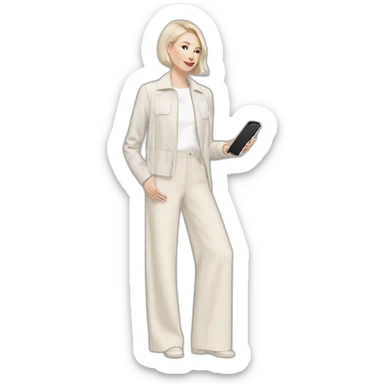 pale skin woman with ash blonde Straightened bob Hair, White Spacious classical jacket, beige palazzo Arrow pants and gray blouse holding white IPhone 14 pro in the hands sticker
