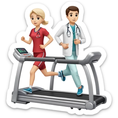 patient running on a treadmill, heart monitor display, and a doctor nearby sticker