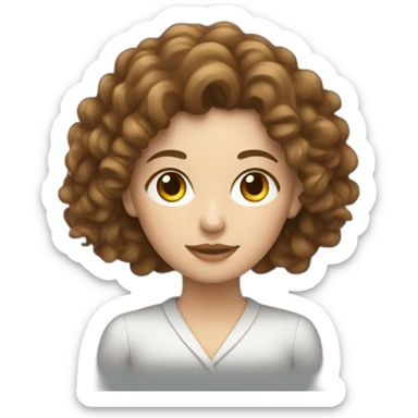 White woman with long curly brown hair working on a laptop sticker