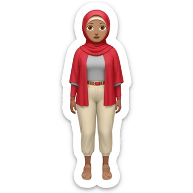 Heavy-set woman with medium-brown skin wearing a light red hijab, cream top, light red pants, tan shoes, and a visible gray below-knee prosthetic leg. Standing confidently with one hand on her hip sticker