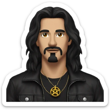 Man with very long black hair, black goatee, square jawline, eyeliner, black leather jacket, black pants, black shirt and pentacle necklace sticker