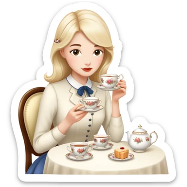Elegant British girl drinking afternoon tea with scones and teacup, proper posture sticker