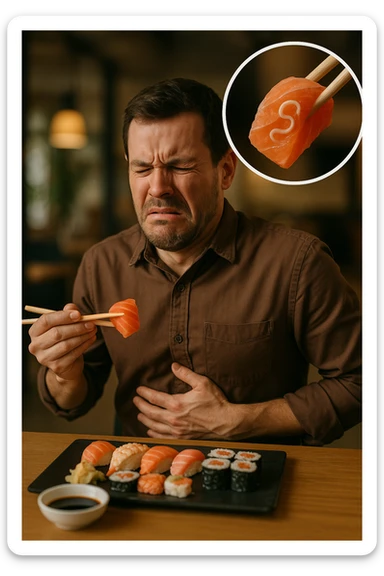 a man sits at a restaurant table, eating a plate of raw fish (such as sushi or sashimi). In a magnified inset, an Anisakis larva is visible inside a piece of fish. The man’s expression changes from enjoyment to sudden discomfort, holding his stomach with a pained look. The background is softly blurred, focusing on the man and the food. in italiano sticker