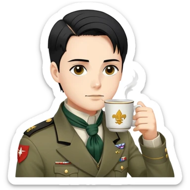 Levi Ackerman drinking tea, with black undercut hair, Scout Regiment uniform and cravat sticker
