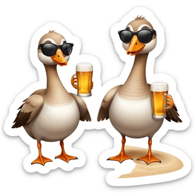 Two geese sunbathing on the beach wearing sunglasses drinking beers. You can tell they’re on the beach by the ocean  sticker