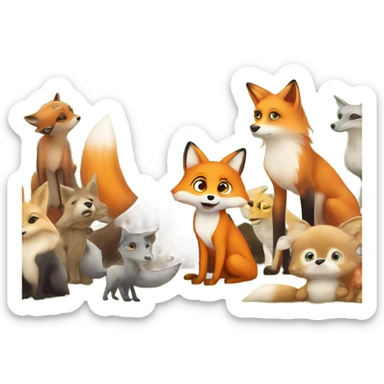 A cute orange fox with big eyes sitting under a tree, surronded by animal friends looking shy as others talk sticker