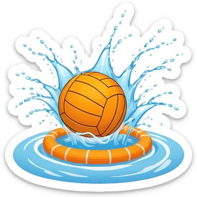 An icon showing a water polo ball floating on the surface of a pool, with a goal frame in the background, and water splashing around. The design captures the intensity of the game with visible ripples on the water. Transparent background highlights the excitement of water polo. sticker