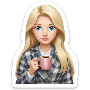 girl
blue eyes
long blond hair
wearing grey plaid housecoat
holding a white mug of coffee
wearing rose gold apple watch  sticker