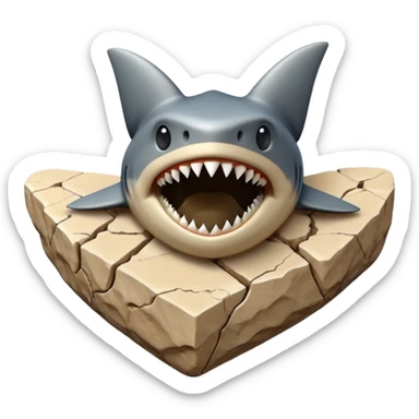 3D render of Shark Tooth, embedded in a chunk of rough sedimentary rock, cracked stone texture, ancient fossil aesthetic, shiny black enamel tooth embedded in beige sand, matte dry finish, Apple emoji style, isolated on white background --v 6.0, only shark teeth sticker
