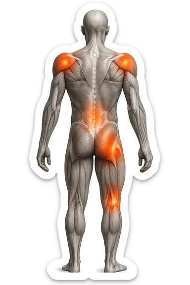 CORPO UMANO ANATOMICO A FIGURA INTERA REALISTICO DI SPALLE CON DOLORE ALLA LOMBARE INFIAMMATA, DOLORE ALL'ANCA, IPERREALISTICO 4K sticker