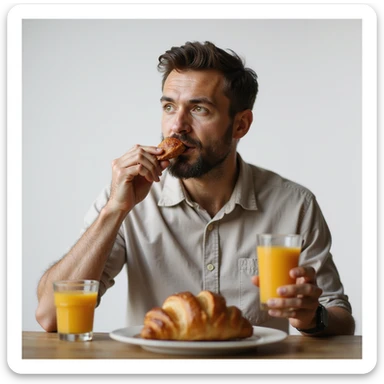 hyperrealistic 4K man isolated on white background having breakfast, eating a croissant and sipping orange juice, natural pose, realistic details, variant 8 sticker