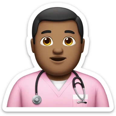Chubby man with black straight hair wearing a pink nurse scrub sticker