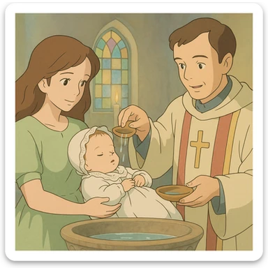 Christian baptism scene, gentle pastel colors, ghibli style sticker