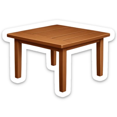 Generate a 3D wooden table in the same style as the referenced chair image: warm brown wood, subtly textured, slightly angled perspective, clean edges, realistic but minimal shading, on a transparent or plain white background. Keep the design simple and clearly readable at small sizes, similar to an emoji. sticker