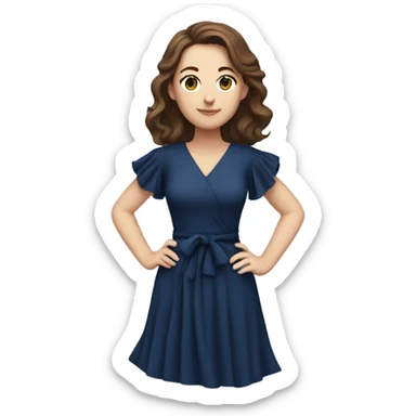 White girl with brown hair dark blue ruffle sleeve wrap dress full body hands on hips sticker