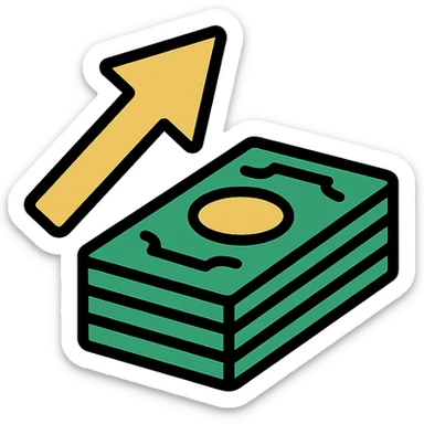 gold arrow and a stack of green money, playful, eye-catching, suitable for digital use, icon style sticker