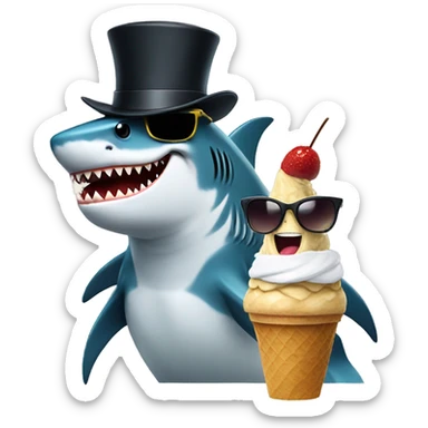 Shark with sunglasses eating ice cream while sitting next to a eagle with a top hat sticker
