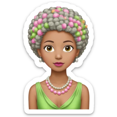 Brown woman with very short stylish gray Afro  wearing pink and green dress  and pearl necklace  sticker