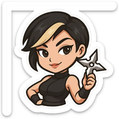 Remove any mask so her face is fully visible. Sexy chibi ninja girl with black short hair and a blonde streak, only head and arms, holding a ninja star in one hand, confident expression, bold outlines, sized for Twitch emoji use. sticker