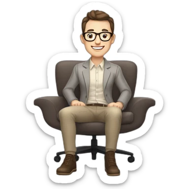 Joyful Celebrating victory Pale skinned Fit Man With dark brown hair in gray jacket, beige office shirt, Brown pants and vintage glasses sitting In a soft chair sticker