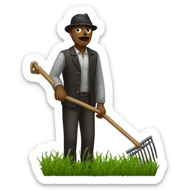 A man in chains with a rake in a field sticker