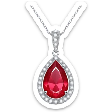 teardrop ruby pendant with silver chain, white stones, and glowing aura of passion sticker