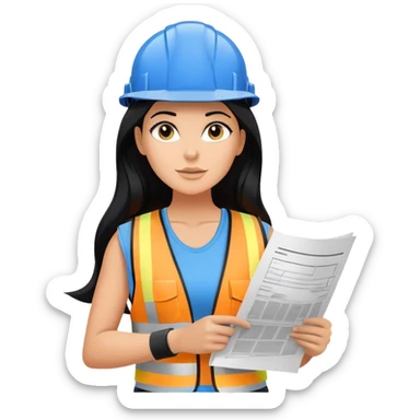 construction hat, blue print plan paper in hand, long black hair tanned woman, black sports bra, construction vest, sexy sticker