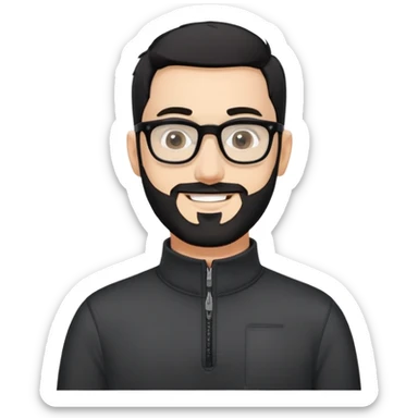 Fair-skinned man with very short buzzed black hair, short distinctly salt and pepper beard, large black-framed glasses, smiling, wearing black long sleeve quarter-zip shirt with visible zipper at collar sticker